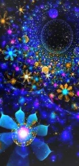 Vibrant blue fractal wallpaper with flowers