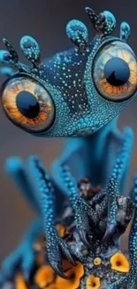 Vibrant blue frog in detailed digital art with orange highlights.