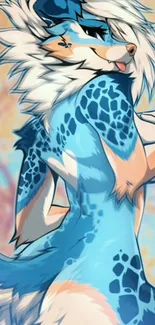 Vibrant blue furry character artwork for mobile wallpaper.