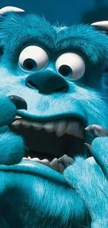 Vibrant blue furry cartoon character with big eyes and playful expression.