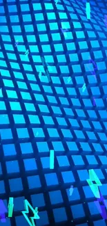 Dynamic blue geometric wallpaper with squares and abstract shapes.