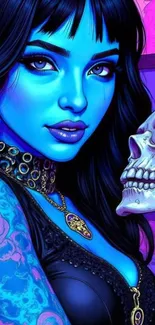 Gothic blue artwork with skull illustration