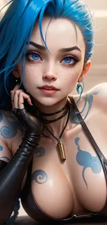 Anime girl with blue hair and tattoos, vibrant mobile wallpaper.