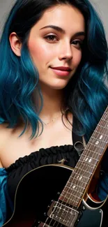 Blue-haired woman posing with a guitar.
