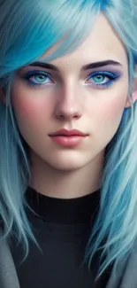 Digital portrait of a blue-haired character with striking eyes.