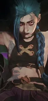 Fantasy character with blue hair and tattoos in a digital artwork.