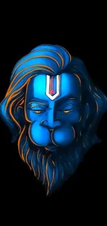 Vibrant blue Hanuman face art on black background wallpaper.