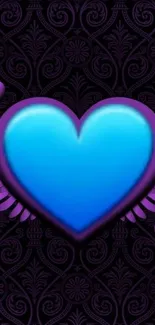 Blue heart with wings on a purple background.