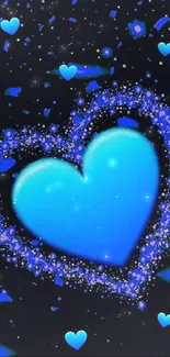 Blue heart with a sparkling effect on a dark background.