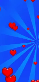 Blue wallpaper with red hearts pattern.