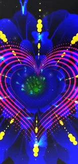 Vibrant blue abstract heart design with neon floral elements.