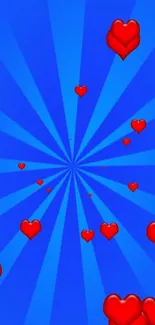 Vibrant blue wallpaper with red hearts radiating outward.