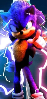 Electrified blue hedgehog with neon city backdrop in vibrant mobile wallpaper.