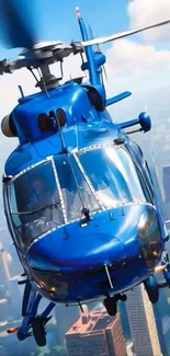 Blue helicopter flying over a cityscape.