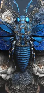 A vibrant blue insect with detailed art on a floral background.