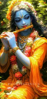 Divine flute player surrounded by lush nature and vibrant colors.