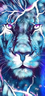 Artistic blue lion with vibrant colors.