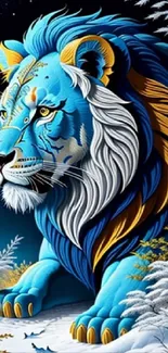 Blue lion in a mystical forest setting, artistic digital illustration.