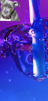 Luminous blue liquid with dog on a purple background.