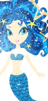 Vibrant blue mermaid illustration with star accents and oceanic elements.