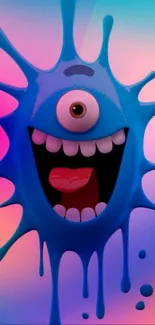 Cartoon blue monster with pink background in digital art design.