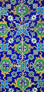 Vibrant blue mosaic wallpaper with geometric floral design.