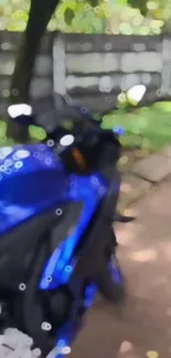 Blurred blue motorcycle on a path with nature background.