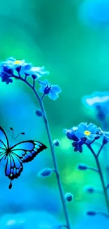 Blue flowers and butterfly mobile wallpaper with vibrant tones.