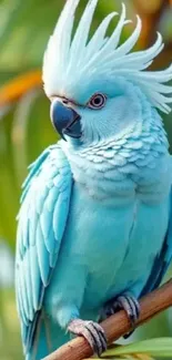 A vibrant blue parrot with striking feathers perched on a branch.