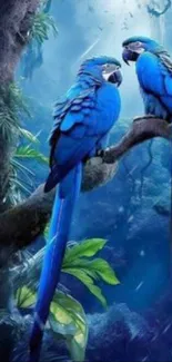 Two vibrant blue parrots perched in a lush jungle setting.