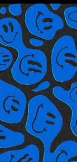 Vibrant blue pattern wallpaper with smiley faces.