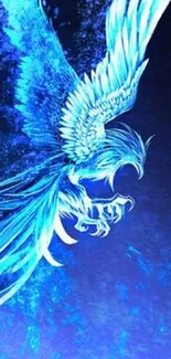 Vibrant blue phoenix with intricate feathers flying.