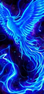 Vibrant neon blue phoenix with fiery energy.