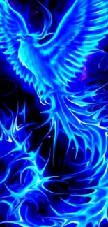 Electric blue phoenix with glowing flames in vibrant digital artwork.