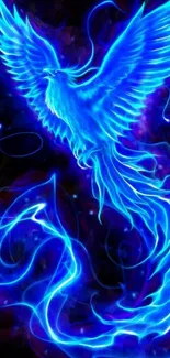 Vibrant blue neon phoenix with fiery tail on black background.