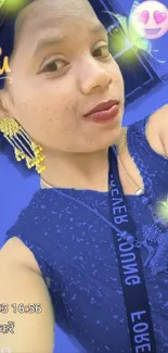 Portrait of a person in vibrant blue attire with glowing elements.