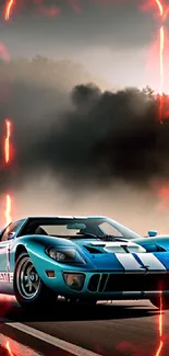 Blue racing car on an open road with dramatic clouds.