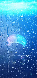 Vibrant blue wallpaper with raindrops and a serene water effect.