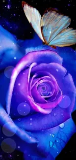 Blue rose with butterfly and droplets, enchanting digital art.