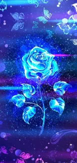 Luminous blue rose with butterflies on galaxy background.