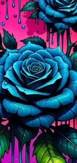 Vibrant artwork featuring blue roses and a colorful background.