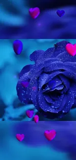 Blue rose wallpaper with pink hearts