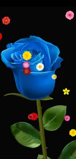 Vibrant blue rose on a dark background with green leaves.