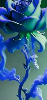 Vibrant blue rose with swirling accents in digital mobile wallpaper.