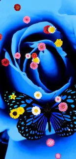 Blue rose with butterfly and flowers wallpaper.