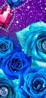 Blue roses and diamond hearts with a purple glittery background.