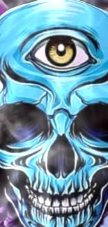 Vibrant blue skull with a third eye on mobile wallpaper.