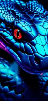 Vibrant blue snake with detailed scales and red eyes against a dark background.