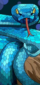 Blue snake with butterfly in tropical setting.