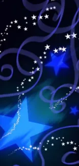 Blue starry wallpaper with swirls and stars.